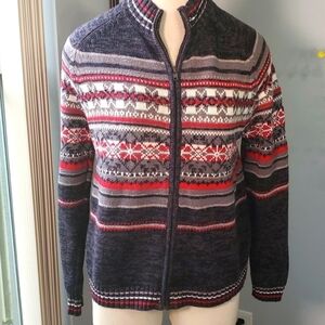 TIARA INTERNATIONAL size small zipper sweater. Gray, white & red. GOOD C…